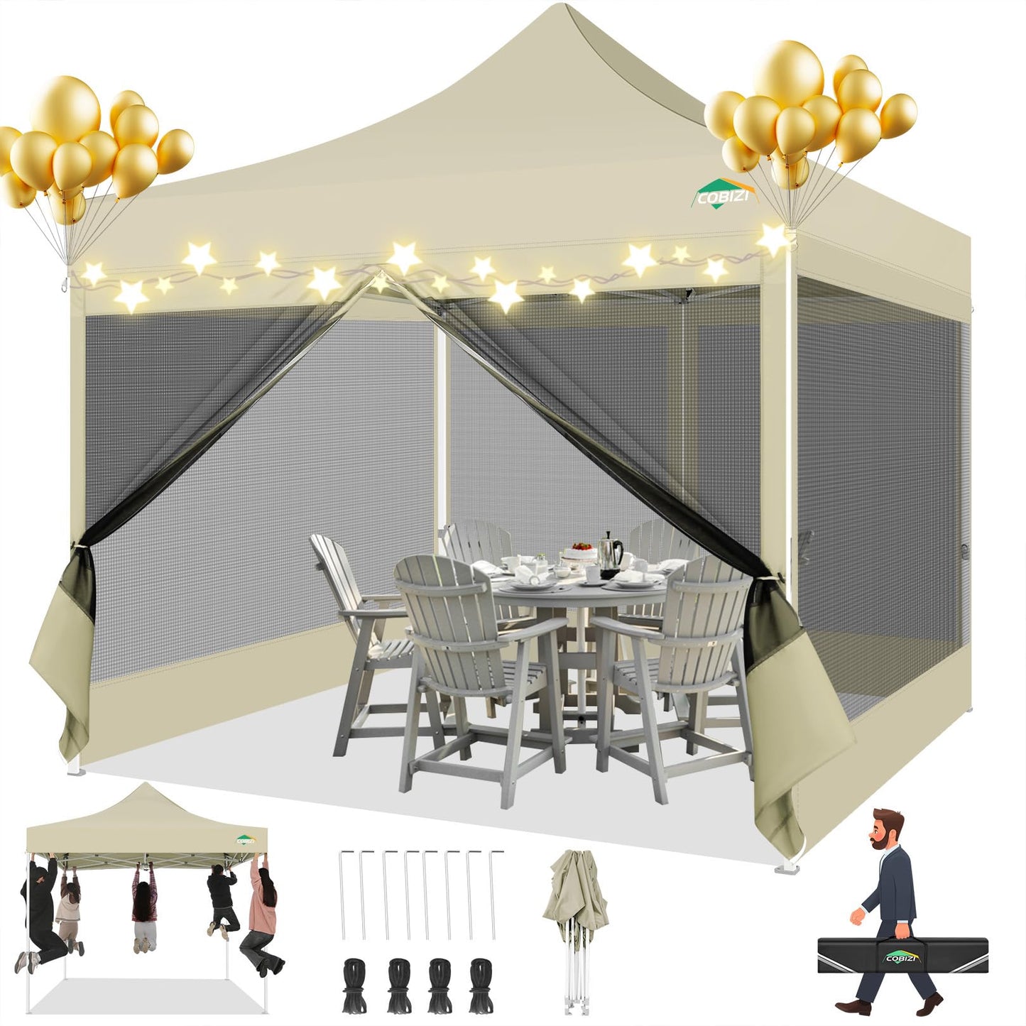 COBIZI Pavillon 3x3 Faltpavillon 3x3 Wasserdicht Stabil, Partyzelt Gartenpavillon UV-Schutz mit 4 Seitenwänden aus Mesh, Schwarz