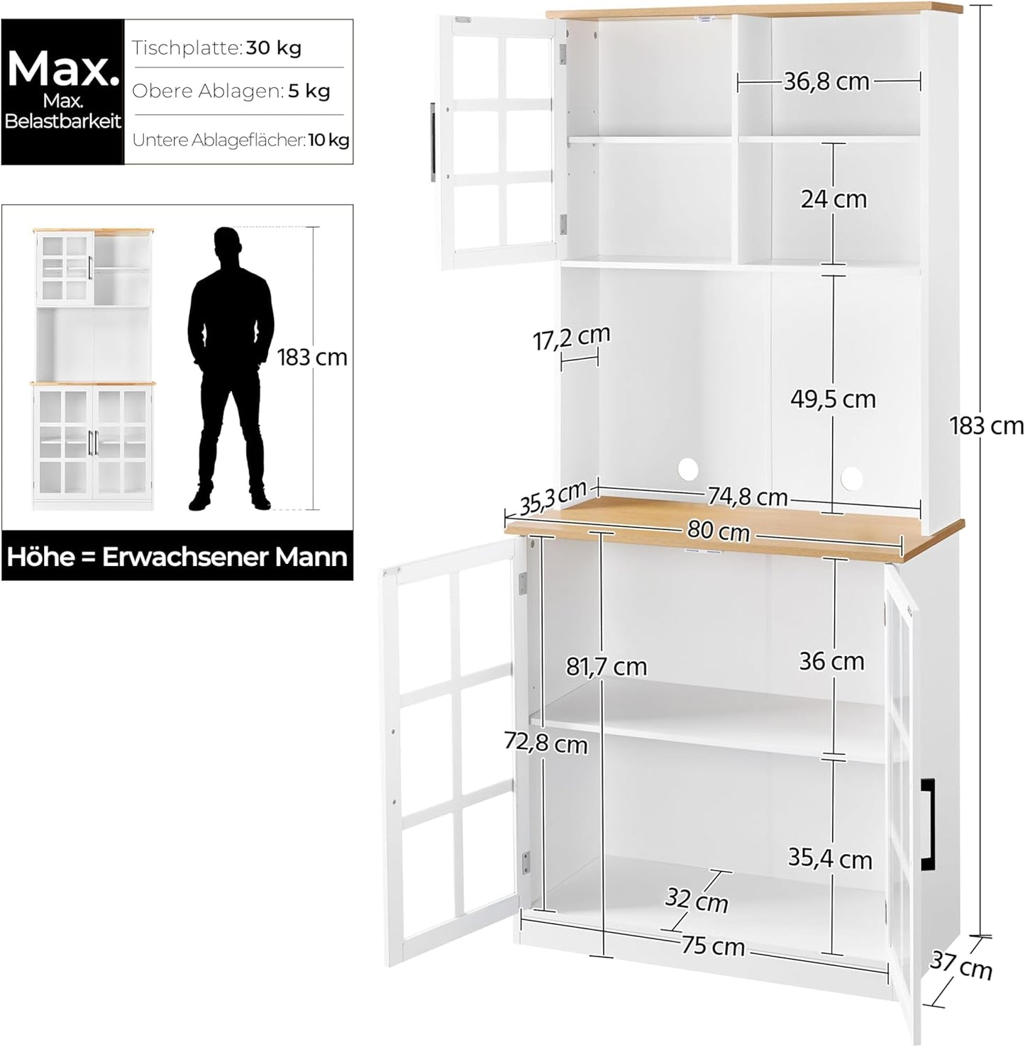 Yaheetech Kitchen Cabinet, Tall Cabinet with Cabinet, Multi-Purpose Cabinet with Adjustable Shelves, Storage Cabinet with Glass Doors, Cupboard with Open Shelves, White