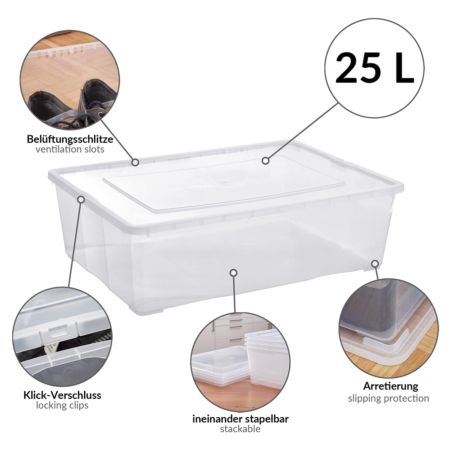 Grizzly Storage Boxes with Lid Transparent – Transparent Boxes, Stackable, with Ventilation, 5er Set, 10 l