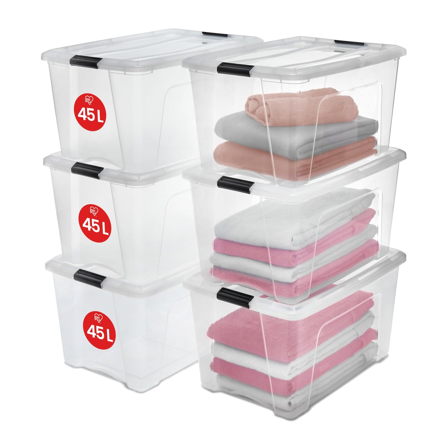 Iris Ohyama Storage Box with Lid, 80L, Set of 4, Transparent, Snap Latches with Handles, Stackable, Strong & Durable, for Clothes, Garage, Home, Office, Plastic Box, Storage TB-84D