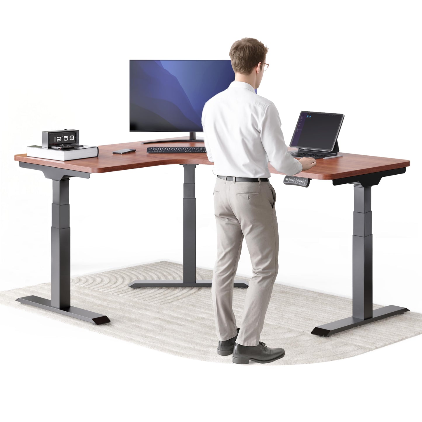 Corner Electric Height-Adjustable Corner Desk, Corner Desk with Memory Function and Anti-Collision Black Frame, Mahogany Table Top, 160 x 130 x 70 cm