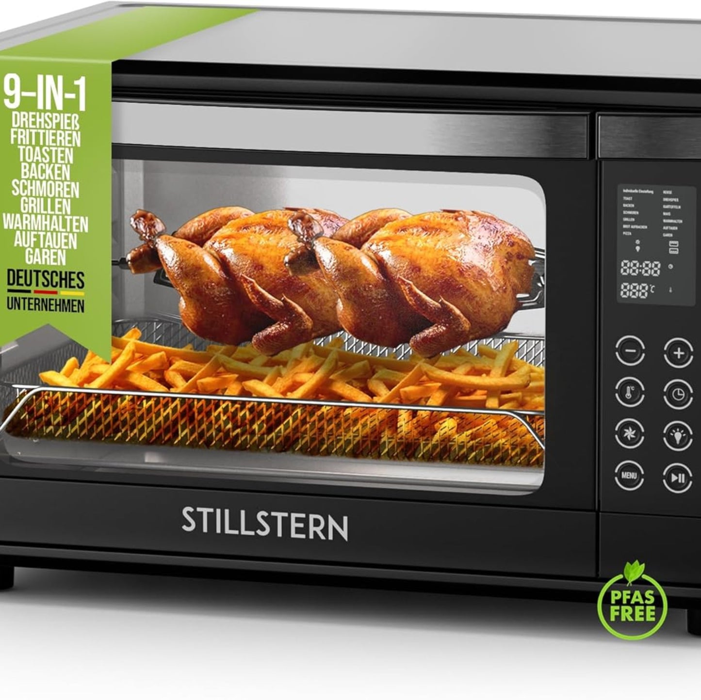 Digital Mini Oven With Convection (35 Litres) Oven Gloves ✓ Recipe Book ✓ Double Glass Door ✓ 1600W ✓ LED Display ✓ 13 Programmes ✓ Rotating Spit ✓ Crumb Tray ✓ Timer ✓ Interior lighting