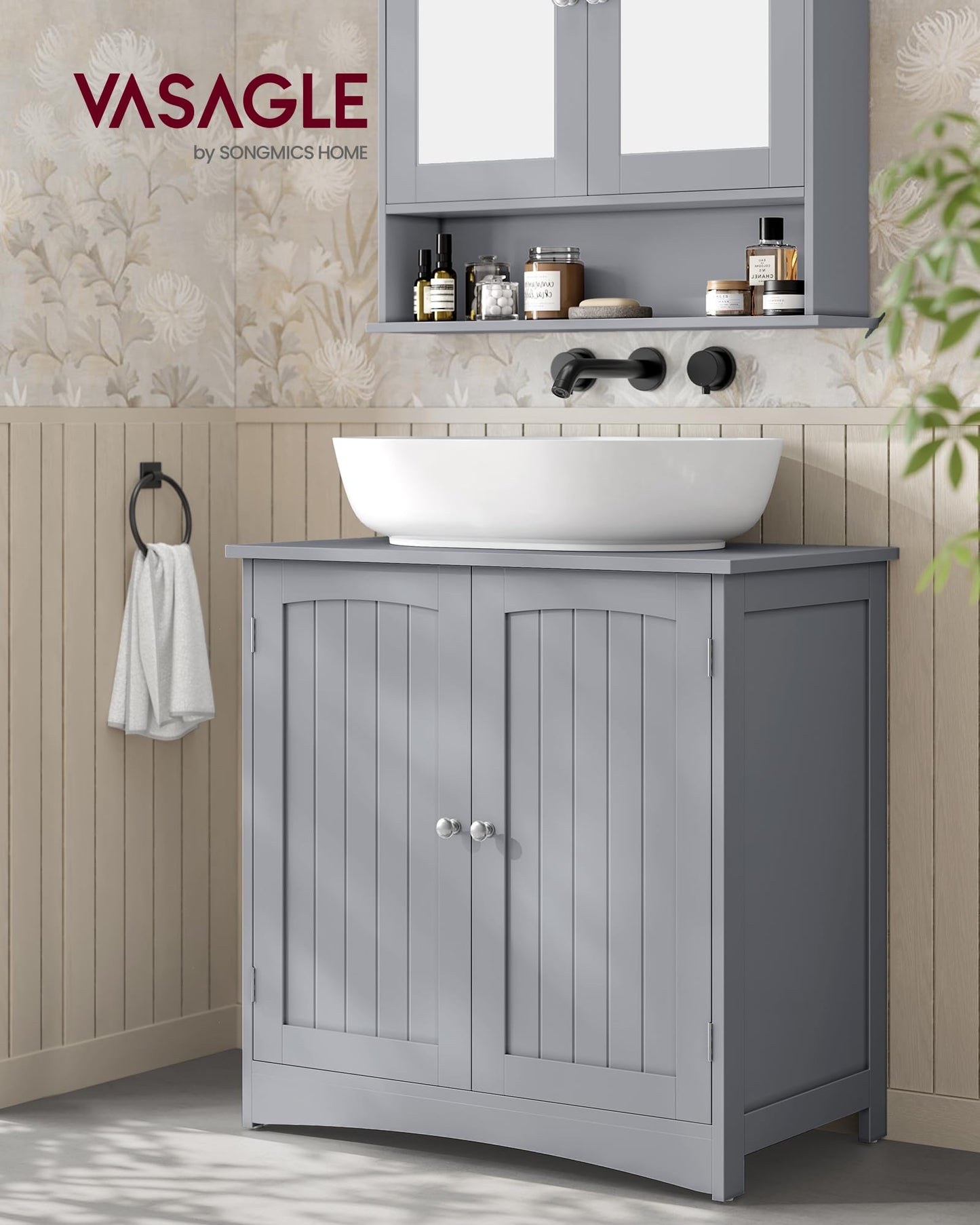 VASAGLE BBC410P31 Vanity Unit Extra Long 30 x 90 x 60 cm 2 Doors Bathroom Cabinet Open Compartments Height Adjustable Shelves White