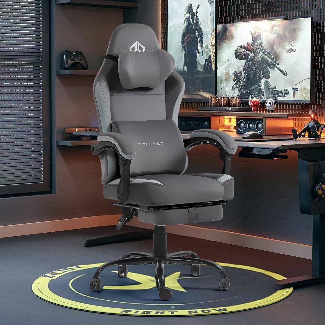 PixelPilot Ergonomic Gaming Chair [Breathable Fabric] Gaming Chair with Footrest, Head and Lumbar Support, Gamer PC Chair Wide Seat, Office Chair 150 kg Load Capacity (Nebula I, Grey)