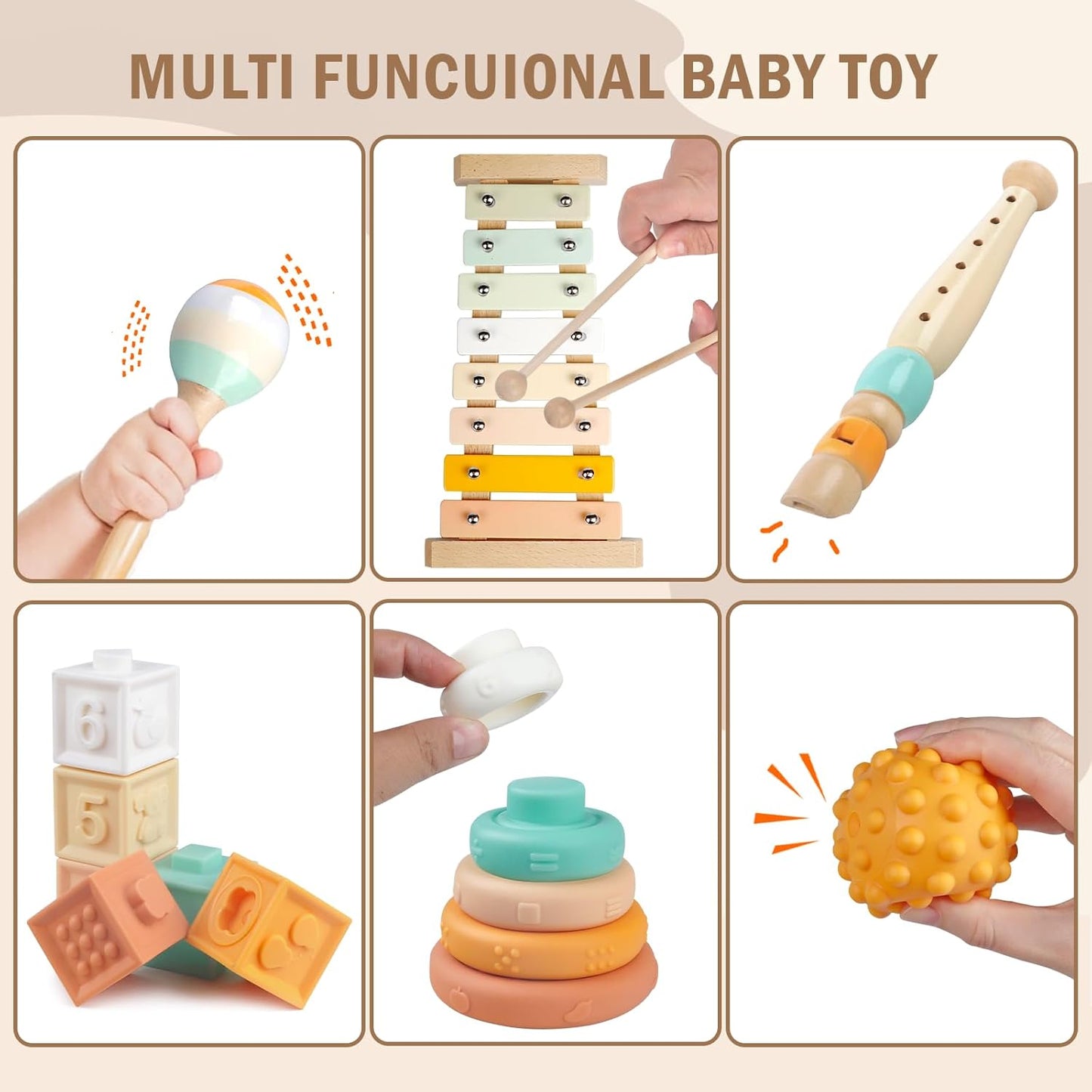 Baby Toy for 6 to 12 Months Baby Montessori Toy Includes Wooden Stacking Stones, Infant Teething Toys, Sensory Balls and a Xylophone Musical Toy for Toddlers Over 1 Year Old