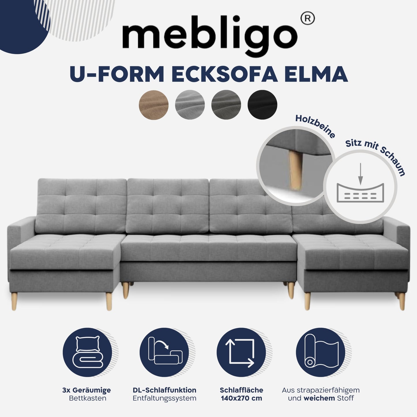 Mebligo - Elma Corner Sofa with Sleep Function and Bed Box (light grey)