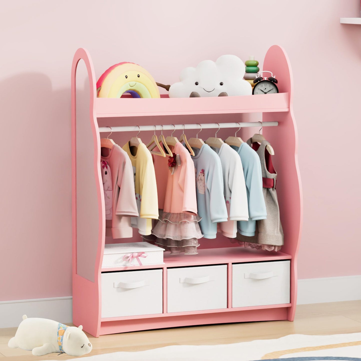 Children's Clothes Rack with Mirror, Clothes Rail with Shelves, Children's Wardrobe Wood, Children's Shelf for Children's Room, 81 x 28 x 106.5 cm (Clouds with 2 Drawers, White)