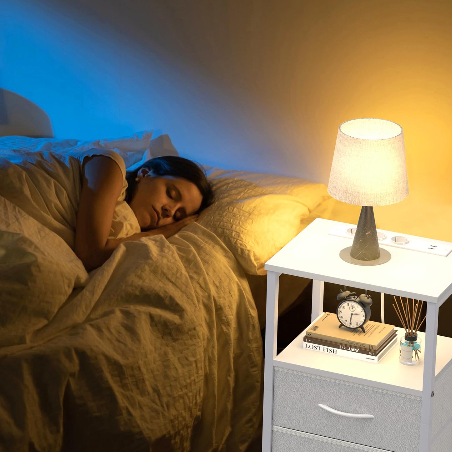 Bedside Table with LED & Charging Function, Side Table with Drawer, Bedside Tables with 3 AC Ports & 2 USB Ports, Side Tables for Living Room, Bedroom, White
