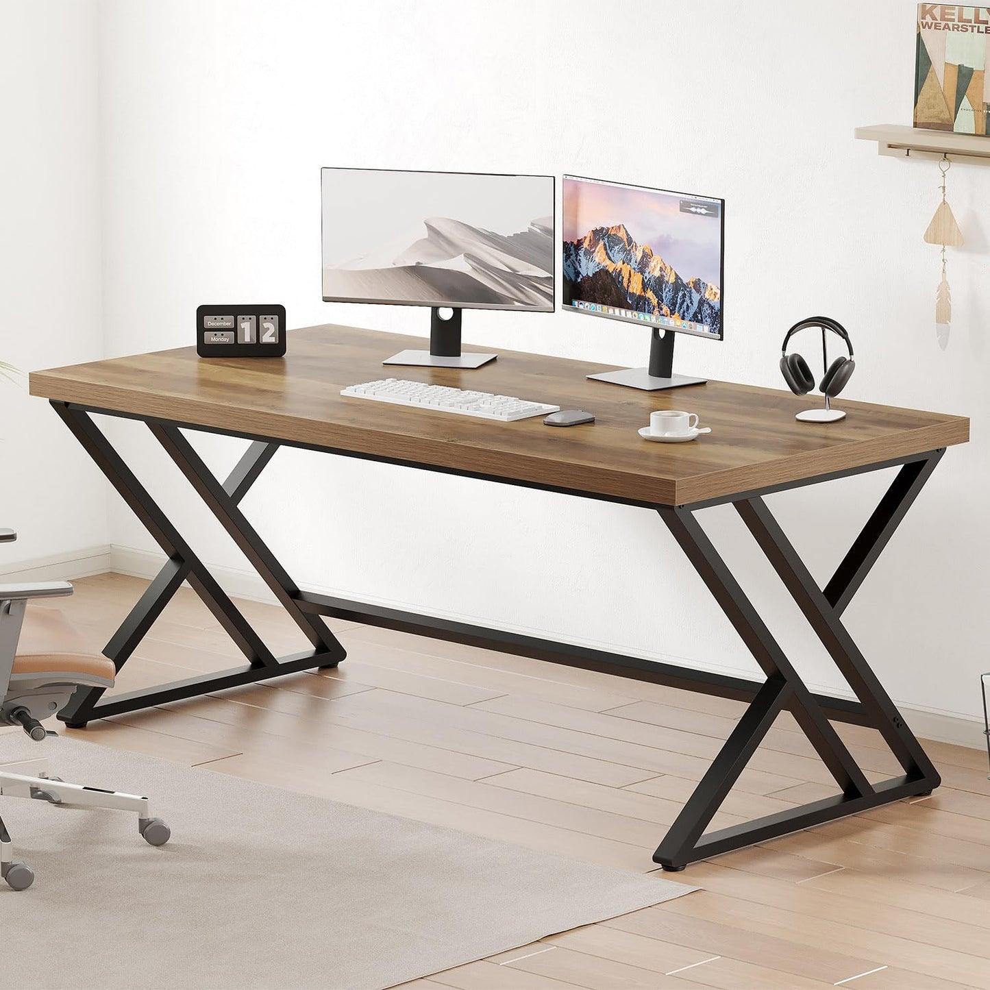 LVB Modern Computer Desk Industrial Home Office with Storage Space Metal Wood Desk Study Computer Desk for Bedroom Simple Gaming Desk Rustic Brown