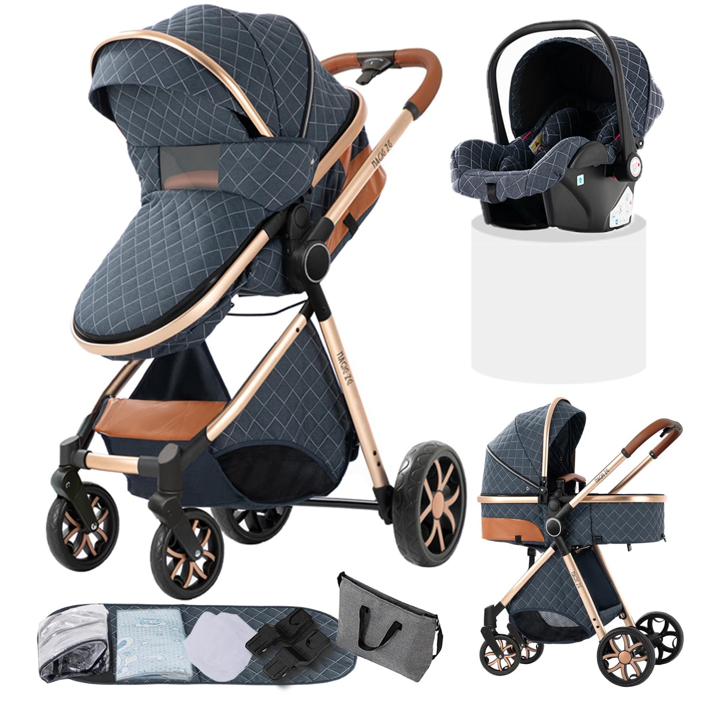 Doraystar 360° Rotation PU Leather Pushchair 3-in-1 Combination Pushchair 3-in-1 with Two Reversible Sliding Modes, Pushchair Complete Set with One-Click Folding Design, Aluminium Alloy Frame (906