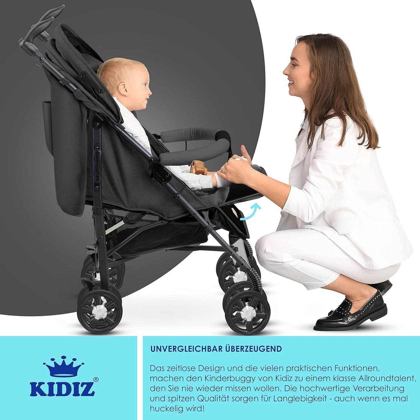KIDIZ® City-Pro Pushchair Folding Pushchair Pushchair Sports Pushchair Foldable 360° 6 Inch Wheels Includes Mosquito Net, Footmuff and Rain Cover Foldable Sleep Function Blue