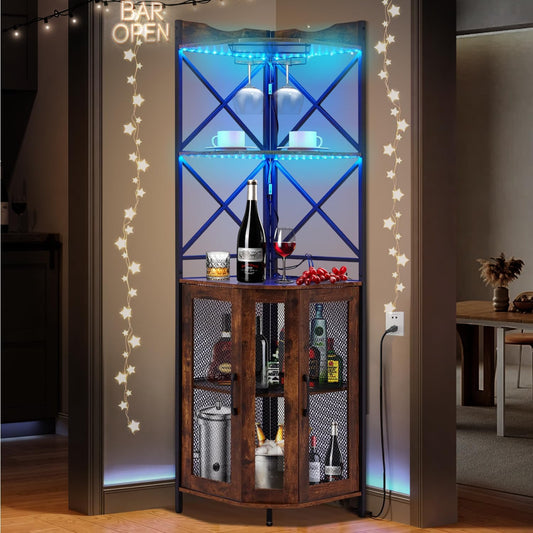 Wine Cabinet, Vintage Bar Cabinet with LED Light and Glass Holder, Corner Cabinet Made of Metal Frame, 5 Levels Kitchen Cabinet with Tilt Protection for Kitchen, Dining Room, Living Room, Rustic Brown