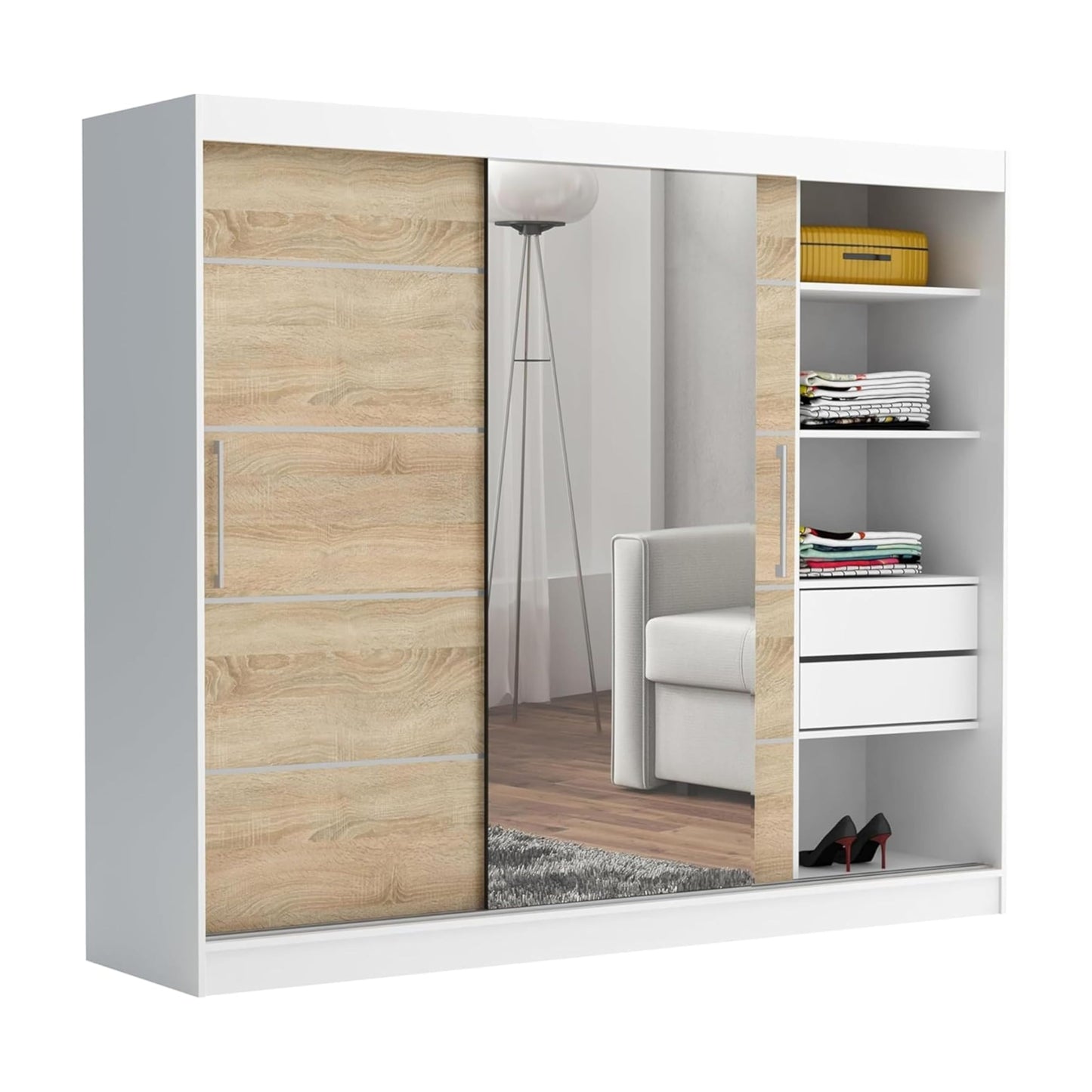 Brent - Kleiderschrank mit Spiegel und Schubladen 235cm Breit Chelsea Tomy, Schwebetürenschrank mit Spiegel, Schlafzimmerschrank, Kleiderschrank Schwarz