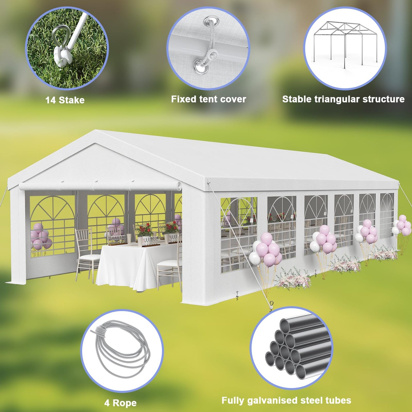JUMMICO Gazebo Party Tent 4 x 6 Waterproof Stable Garden Tent UV Protection 50+ Tent 170 g PE Tarpaulin Marquee Beer Tent Garden Gazebo for Garden, Party, Festival, Wedding, White