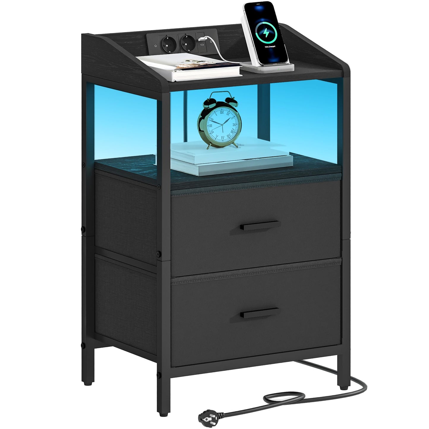 Hzuaneri Set of 2 Bedside Table with LED Lights and Charging Station, Side Table with 2 Fabric Drawers and Shelves, with USB Ports & Sockets, for Bedroom, Living Room, White NS36213W