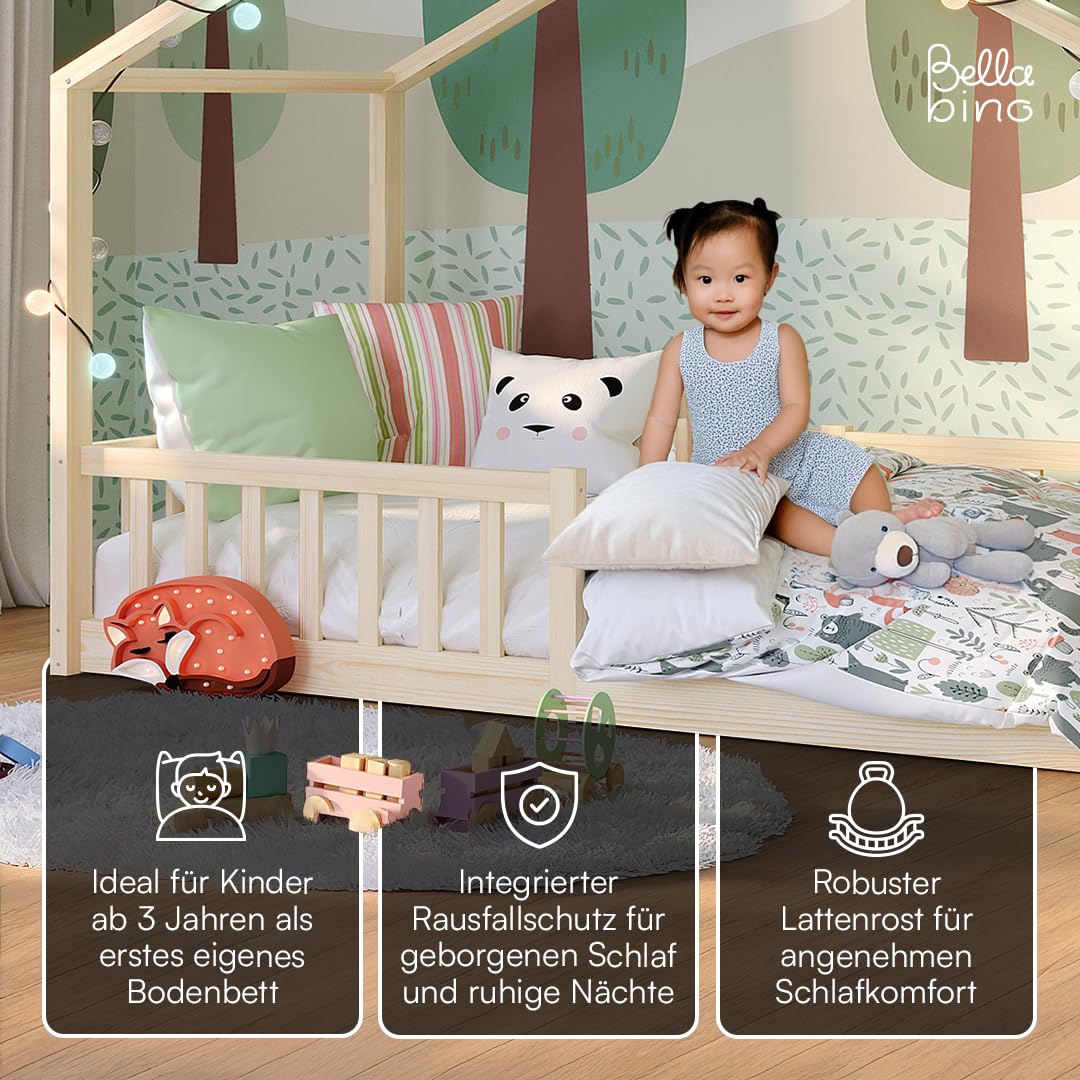 Bellabino Bia Children’s Bed, 90 x 200 cm, Children’s House Bed incl. Fall Protection and Rolled Slatted Frame, Montessori Floor Bed, White, Solid Pine Wood