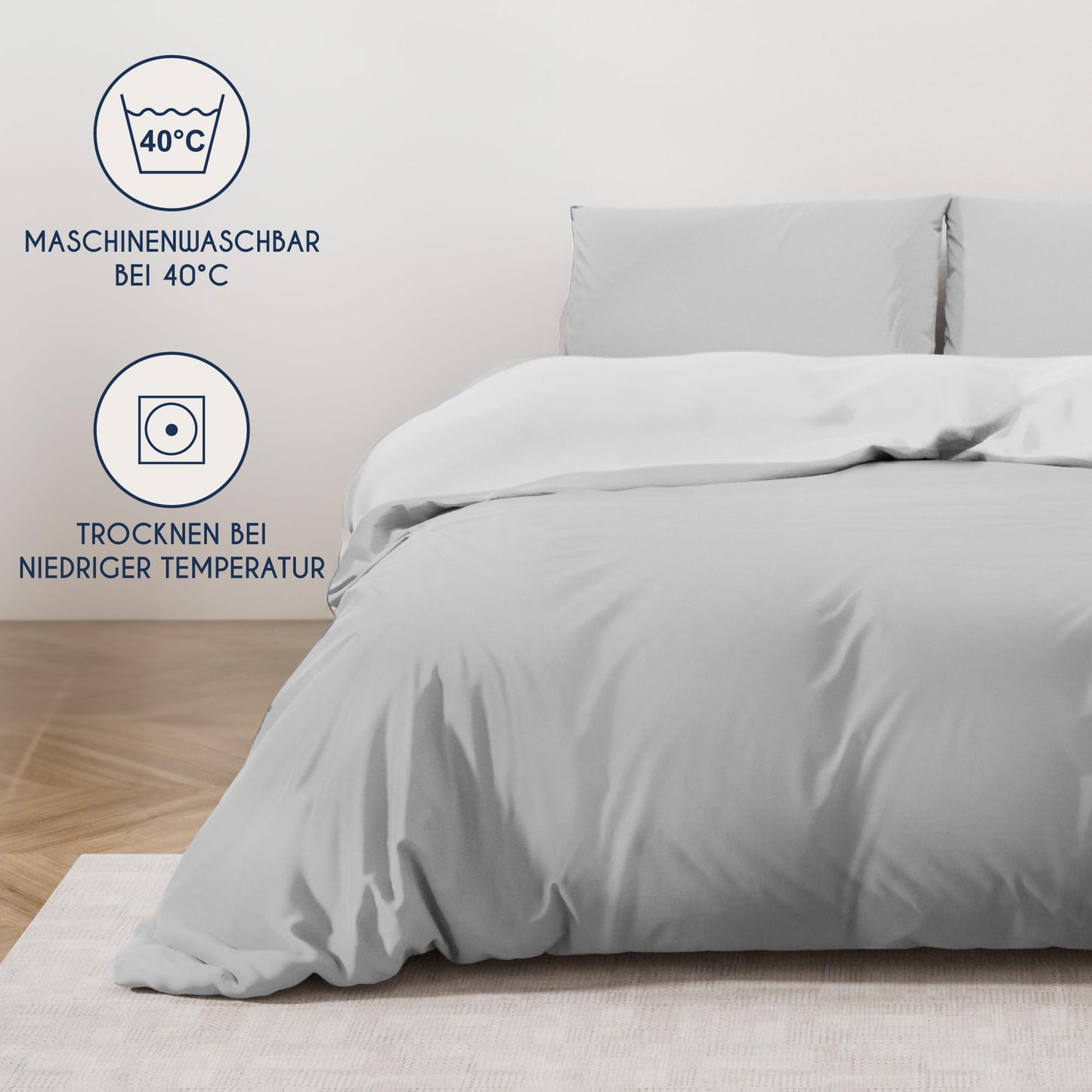 Dreamzie - Bed Linen Set 200 x 200 cm with 2 Pillowcases 80 x 80 cm Light Grey/White - 1 Duvet Cover 200 x 200 cm Made of 100% Microfibre - Certified No Chemicals (Oeko Tex)