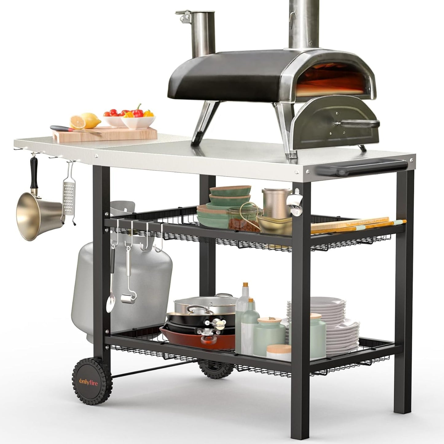 Onlyfire Barbecue Trolley, Stainless Steel Grill Table with Large Work Surface and Side Table, Grill Side Table, Outdoor Grill Table, Outdoor Serving Trolley, Outdoor Garden Trolley for Outdoor,
