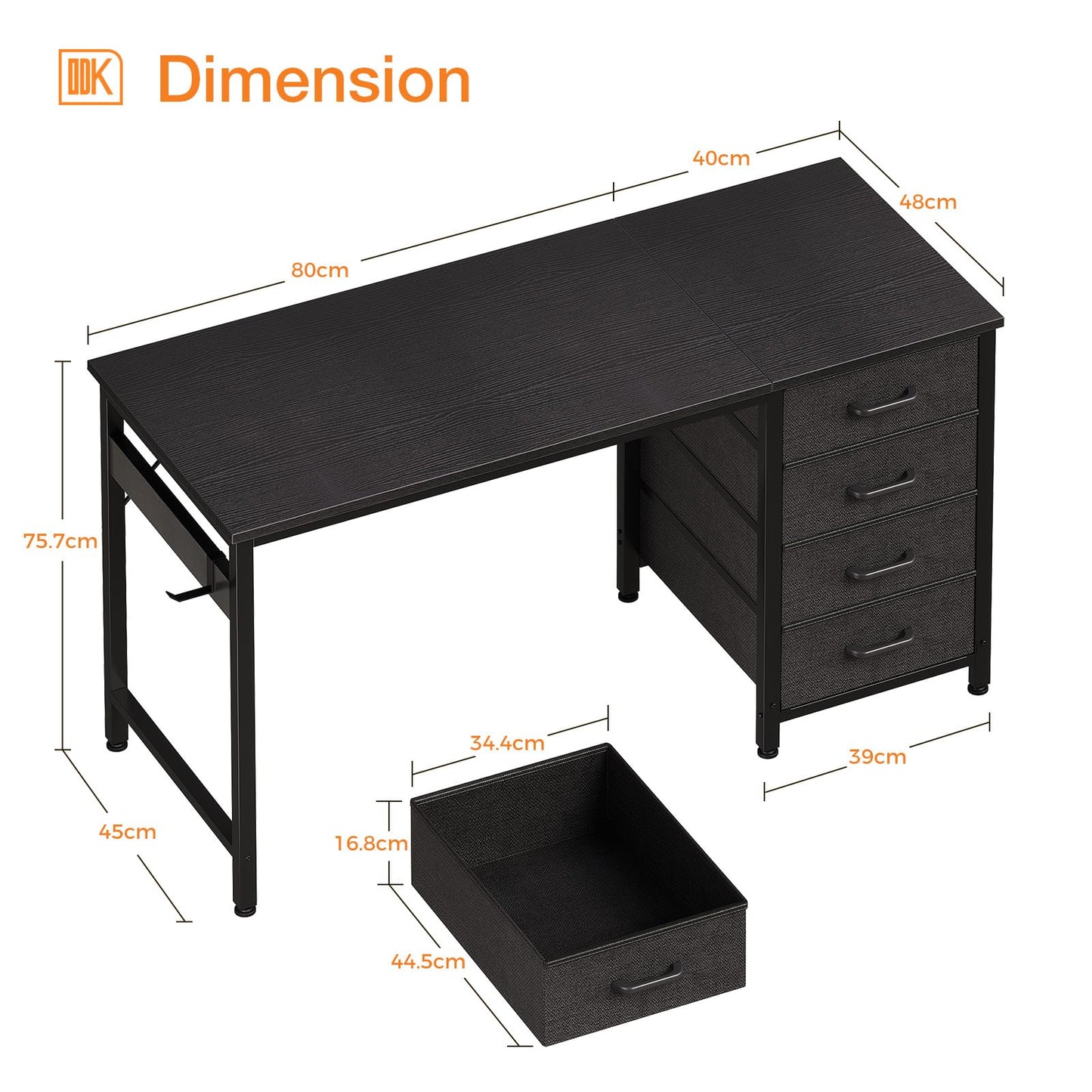 ODK Desk with 4 Drawers, 120 x 48 x 75.7 cm, Computer Desk with Headphone Holder, PC Table, Reversible Office Table, Wood for Home Office, White