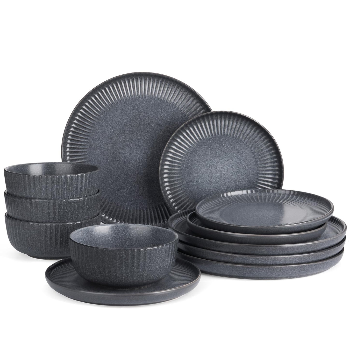 Starlight Crockery Set, 18-Piece Plate Set, Crockery Set for 6 People, Ribbed Textured Tableware, Microwave & Dishwasher Safe, Anti-Scratch, Reactive Glaze, Matt Black Grey