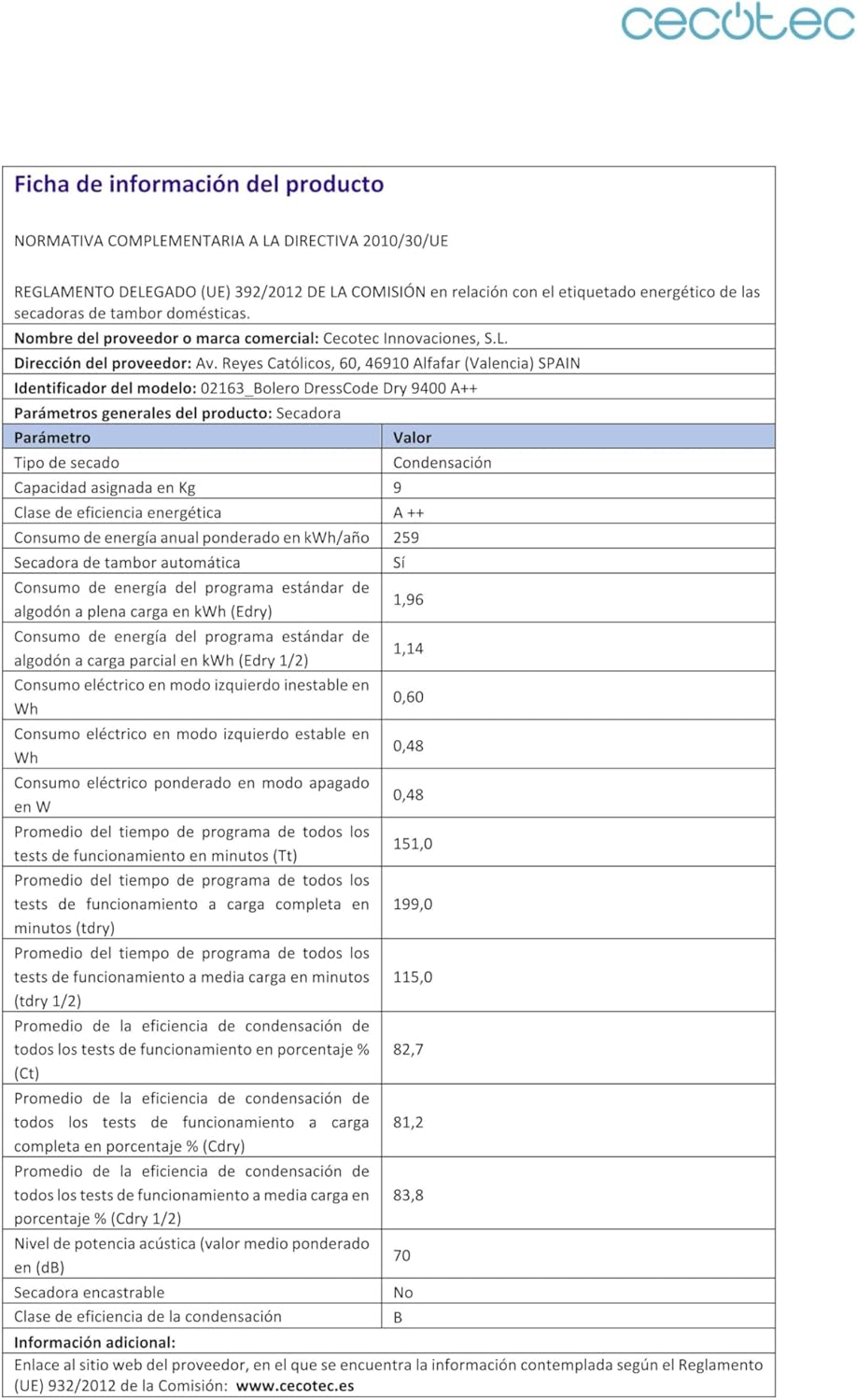 Cecotec Heat Pump Dryer - 9 kg Bolero DressCode Dry 9400 A++. Automatic Drying, Low Energy Consumption, Full Touch, 15 Programmes, Stainless Steel Drum, KidLock, Delay Start Function