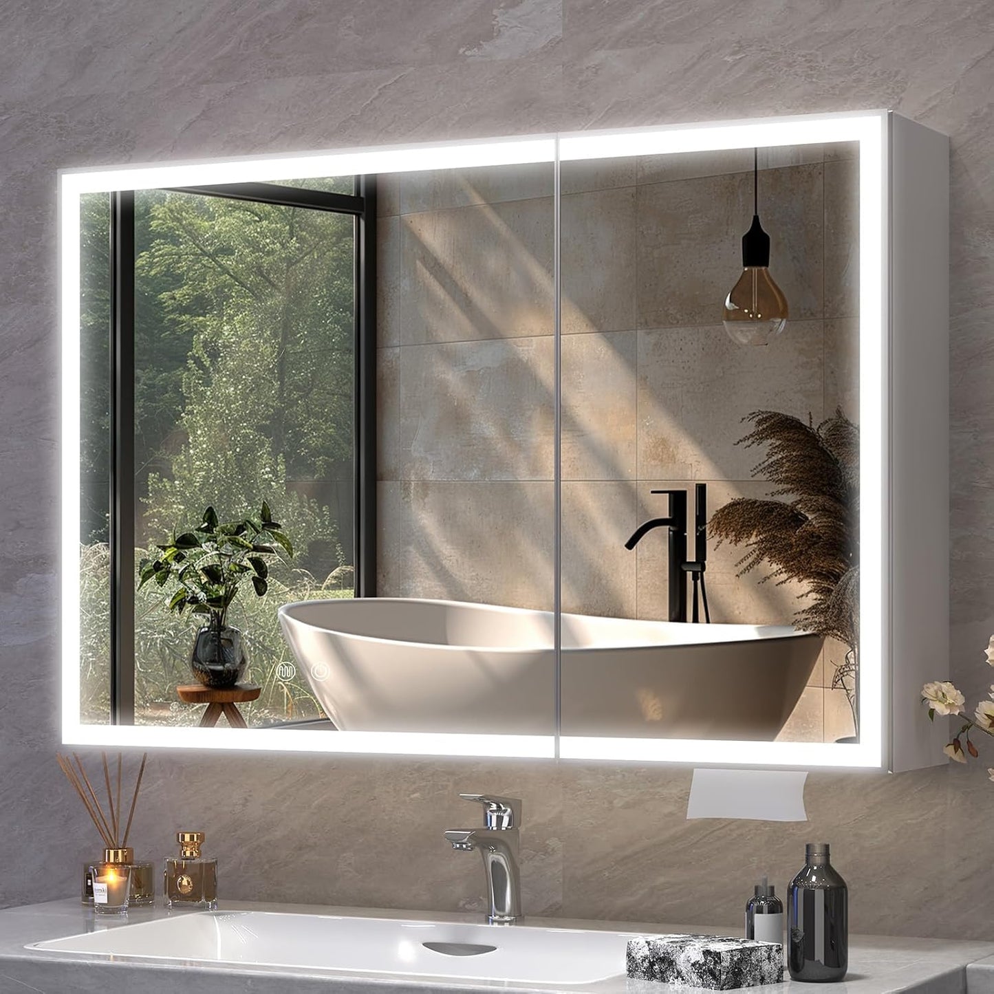 Aovquof Mirror Cabinet with Lighting - 90 x 60 cm Bathroom Mirror Cabinet with Storage Space, Bathroom Mirror Cabinet with Adjustable Dimmable LED Lights with Demist Function, Modern Cream Colour