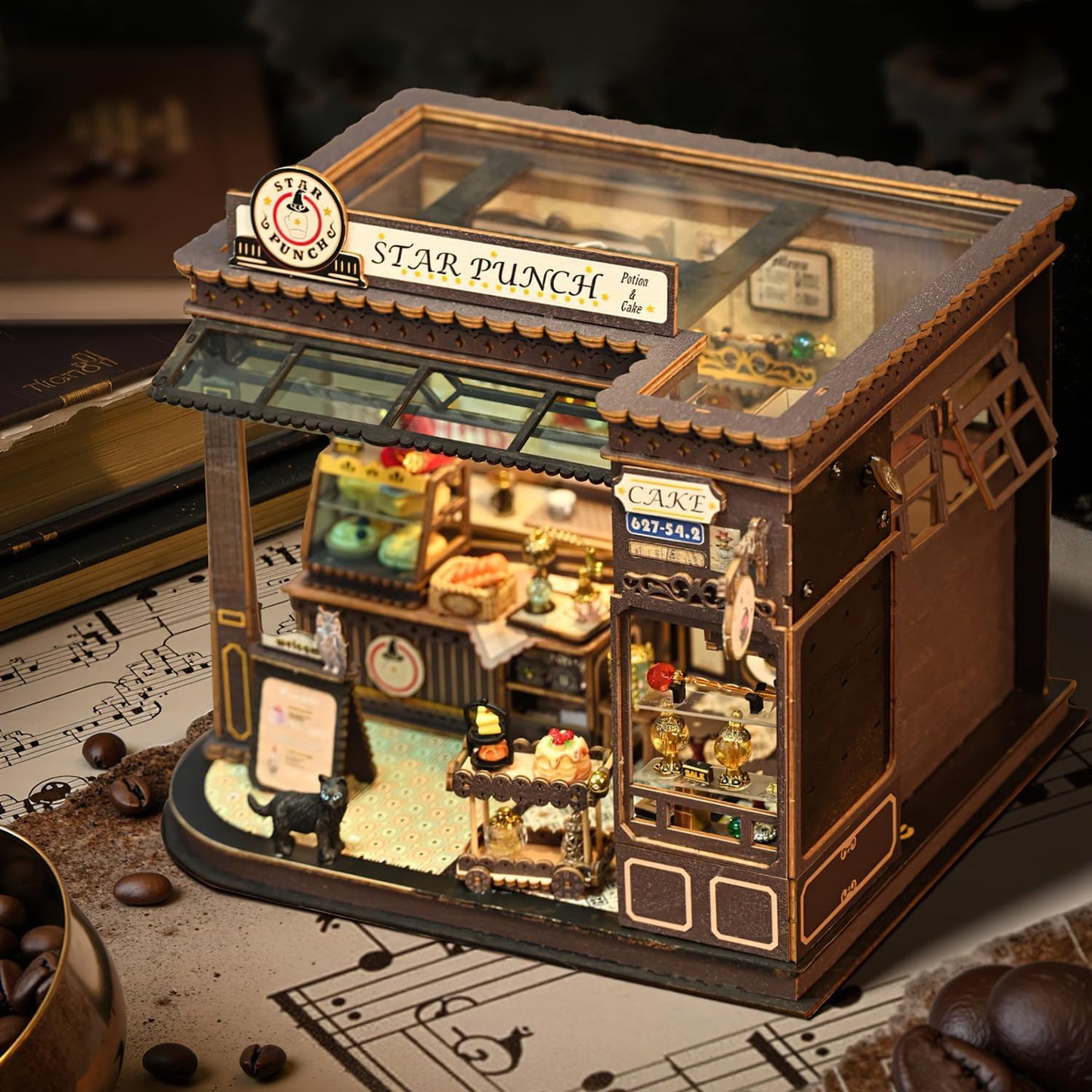 Mostop DIY Miniature Dollhouse Kit-Book Nook Kit,Holzpuppenhaus Bausatz Miniaturhaus Bausatz mit LED Licht,Miniaturhaus Bausätze für Kinder/Erwachsene Haus DIY Bausätze(Magic Coffee Shop)