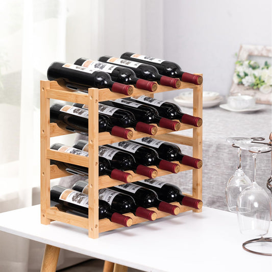 Wine Rack, Small Bottle Rack Storage Holder, Natural Bamboo Bottle Holder, Wine Bottle Shelf for Kitchen, Countertop, Cellar, Bar, Cabinet (2 Tiers, 8 Bottles)