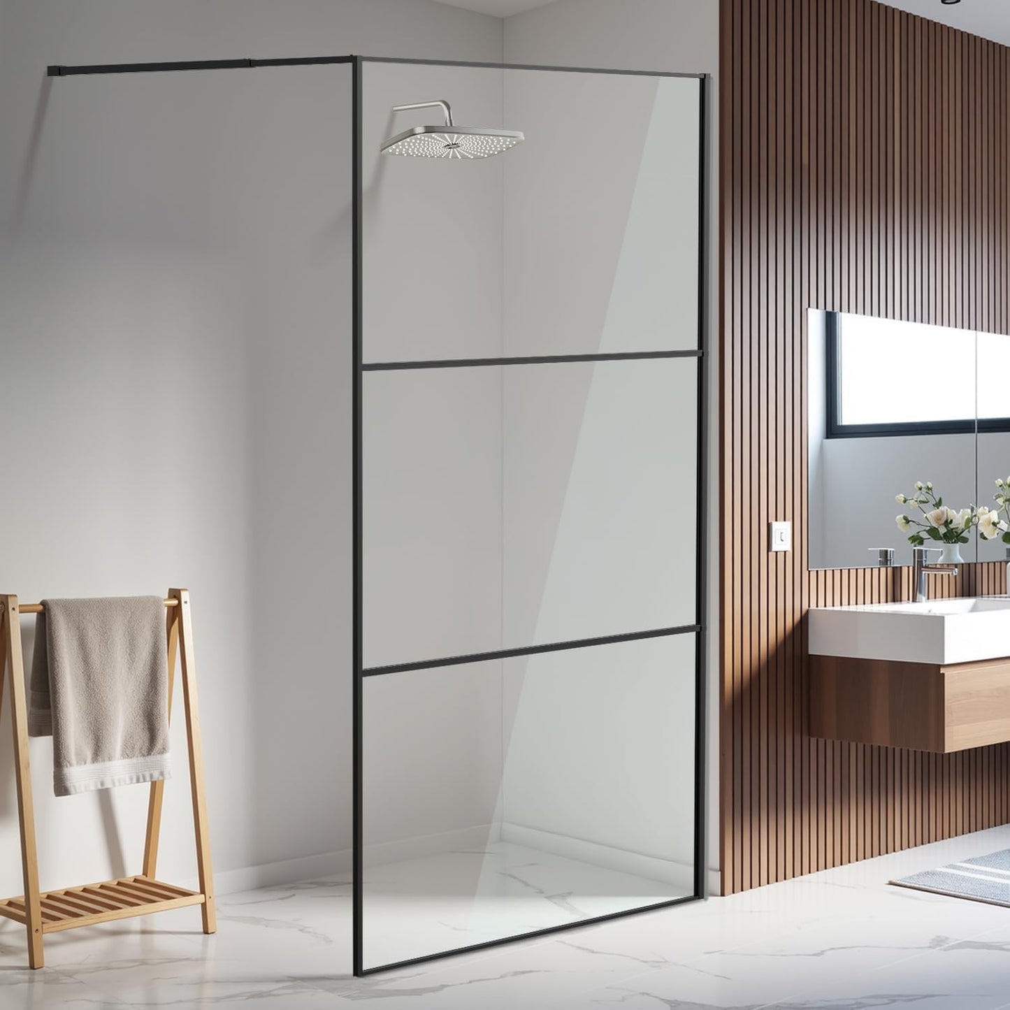 Shower Screen 80 x 200 cm Walk-in Shower Shiny Silver 3-Piece Segmented Full Frame 5 mm Tempered Safety Glass Right/Left Mountable for Floor or Shower Tray