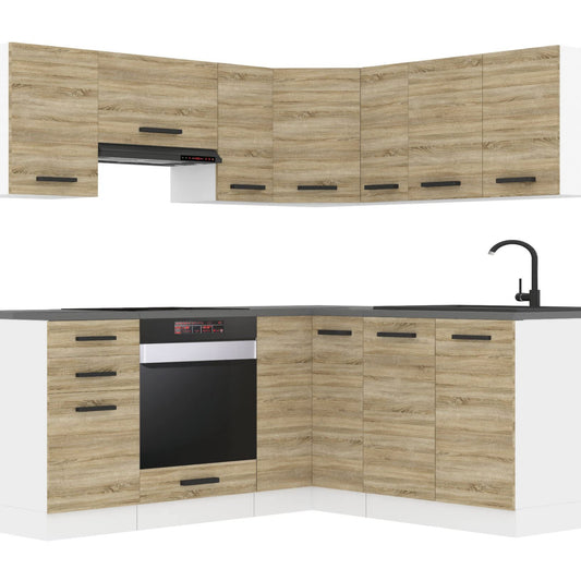 Belini Sarah L-Shape Kitchen Unit, Kitchen Furniture with Handles, Built-in Kitchen without Electrical Appliances, with Wall Cabinets and Base Cabinets, without Worktops, White High Gloss