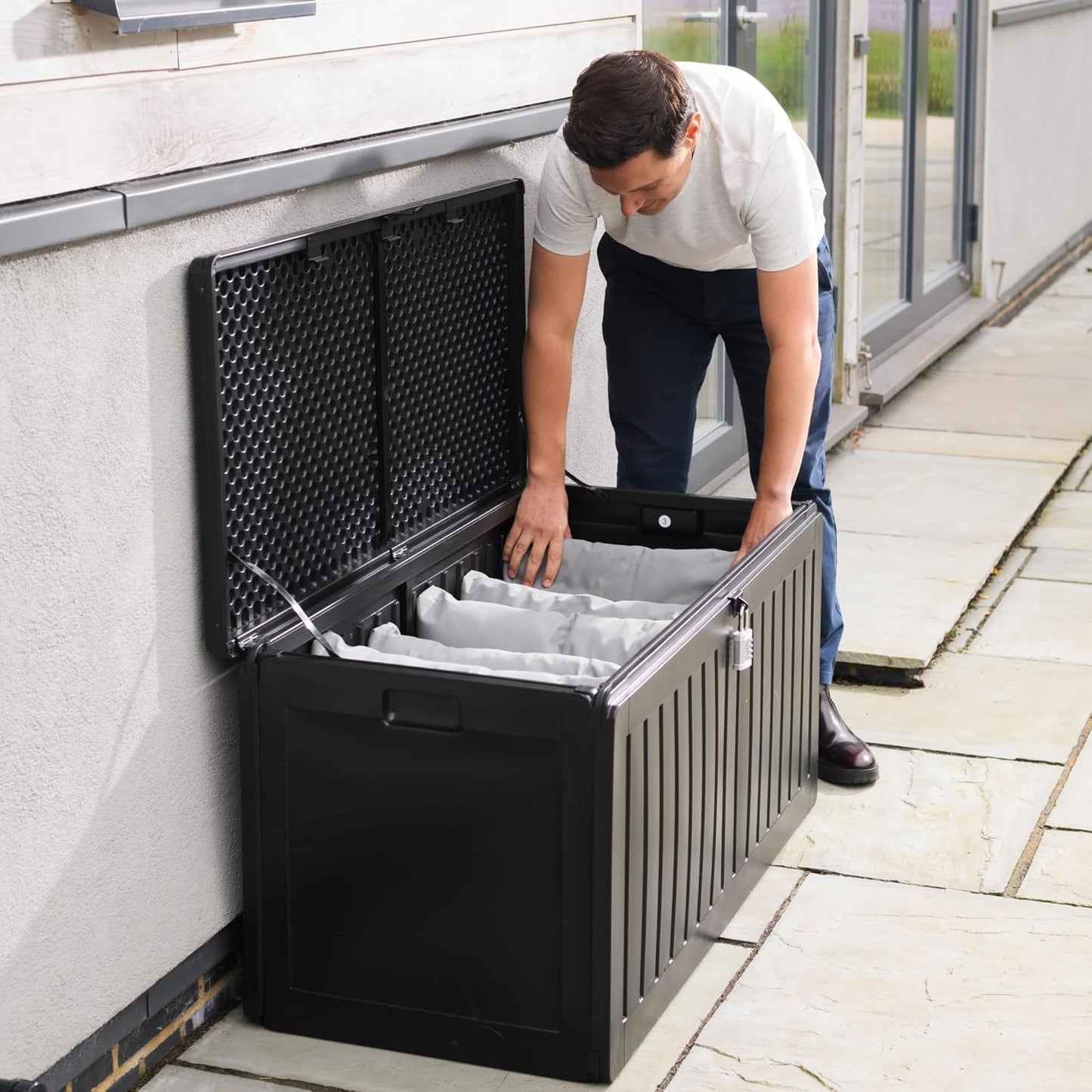 Olsen & Smith 270L Large Capacity Outdoor Garden Storage Box with Padlock Plastic Shed - Weatherproof and Stand Up with Wood Effect Chest (270L, Black)