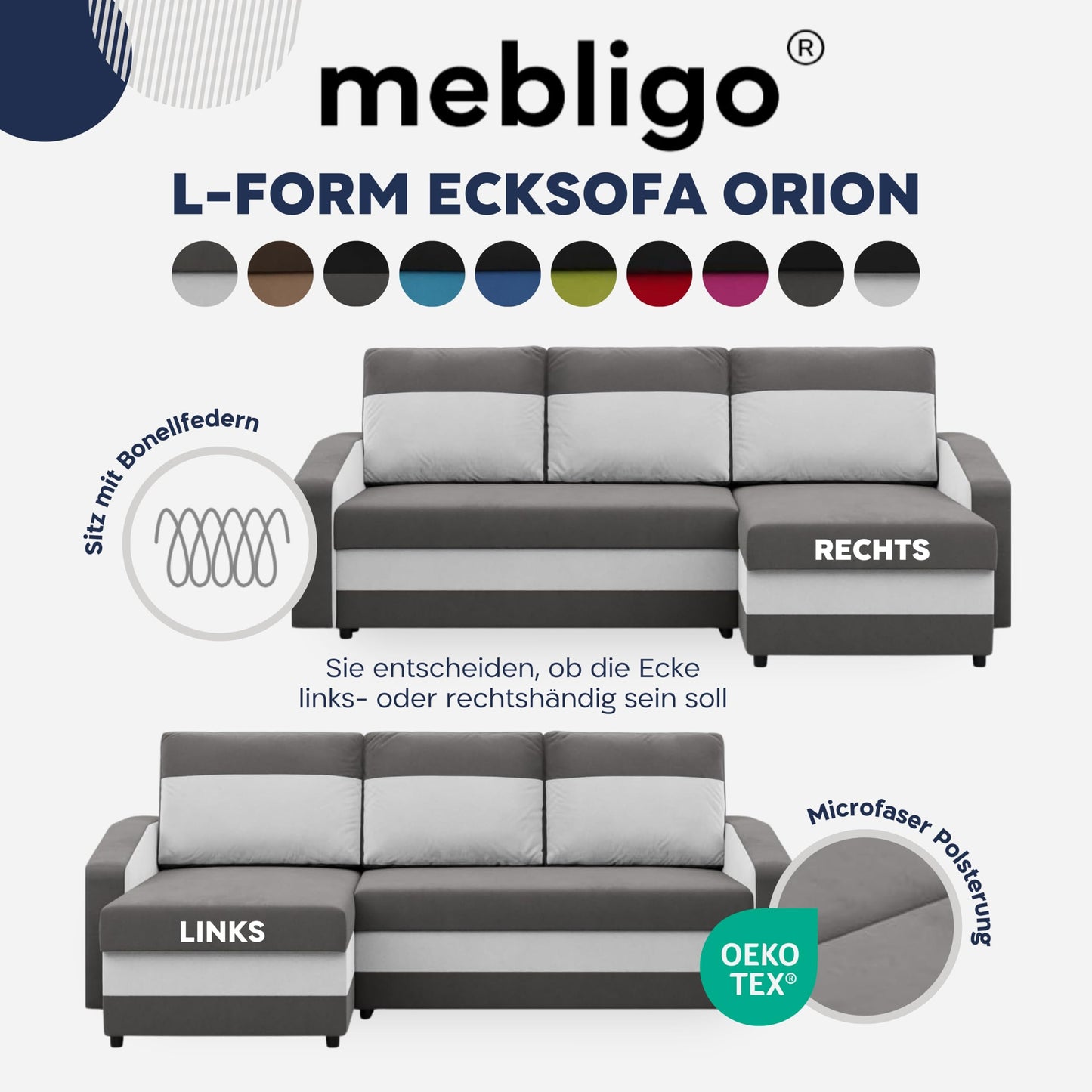 Mebligo Orion Corner Sofa with Sleep Function and Bed Box Black + Pink