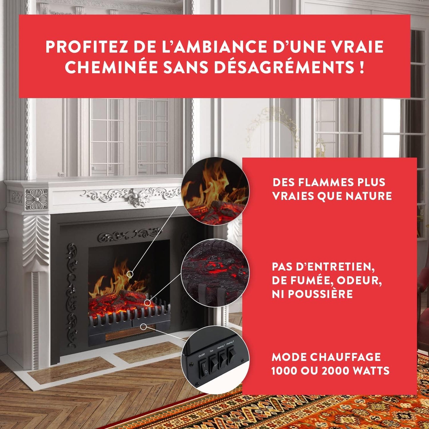 CHEMIN'ARTE Electric Fireplace with Heating, Electric Solo Stand, 67 x 23 x 24 cm, Fireplace with Realistic Flame Effect for Living Room and All Interior Areas, LED Lamps, Freestanding Electric