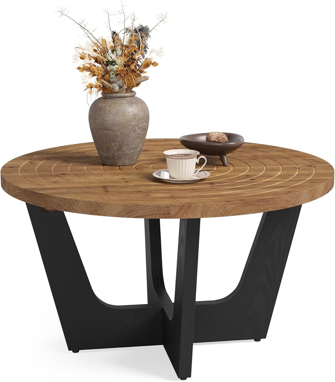 Round Solid Wood Coffee Table, Farmhouse 80 cm Small Coffee Table with Ring Groove, Living Room, Small Space, Brown and Black