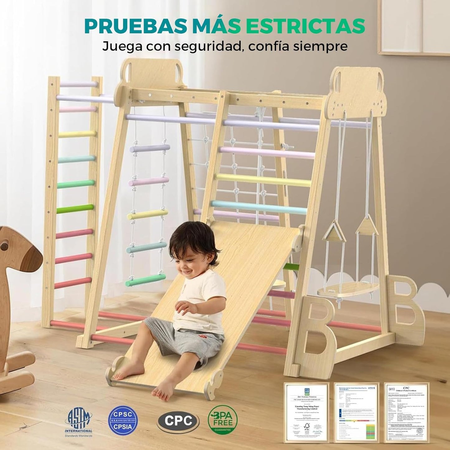 SOFTHOM Indoor Climbing Frame Montessori Climbing Triangle for Children from 1 Year Old, Indoor Playground with Slide, Climbing Net and Swings, 9-in-1 Children's Wooden Climbing Frame