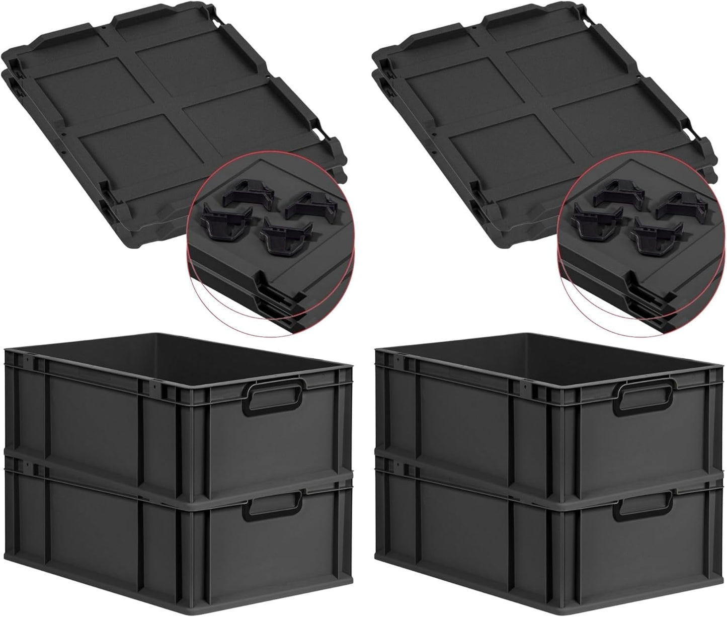 PROREGAL Economy Set of 5 Eurobox NextGen Colour with Lid and Sliding Snap Fasteners, H x W x D 22 x 30 x 40 cm, 20 L, Black, Closed Handles, Euro Container, Transport Box, Transport Container