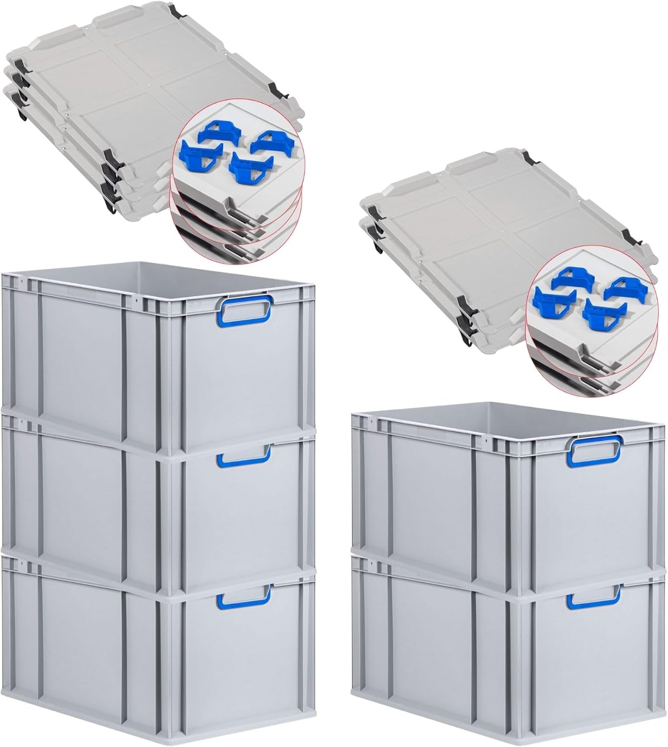 PROREGAL Economy Set of 5 Eurobox NextGen Colour with Lid and Sliding Snap Fasteners, H x W x D 22 x 30 x 40 cm, 20 L, Black, Closed Handles, Euro Container, Transport Box, Transport Container