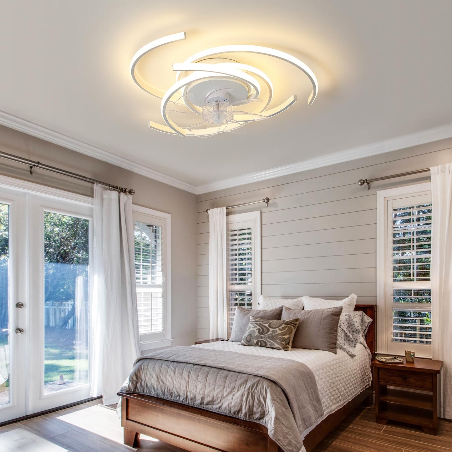 LED Lighting with Mute Ceiling Fan 45W Ceiling Light with Fan Light, App and Remote Control, Creative Shape Acrylic Shade (White) Living Room Bedroom Kitchen (White)
