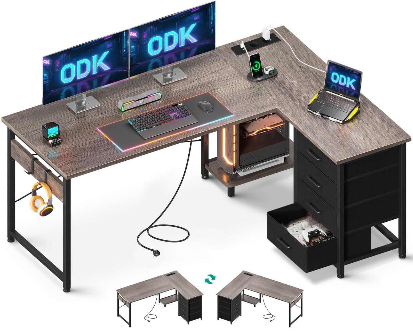 ODK Corner Desk with 4 Drawers, 135 x 100 cm, L Shape Desk with Socket and USB Charging Port, Reversible Desk with Storage Space for Home Office and Gaming, Black