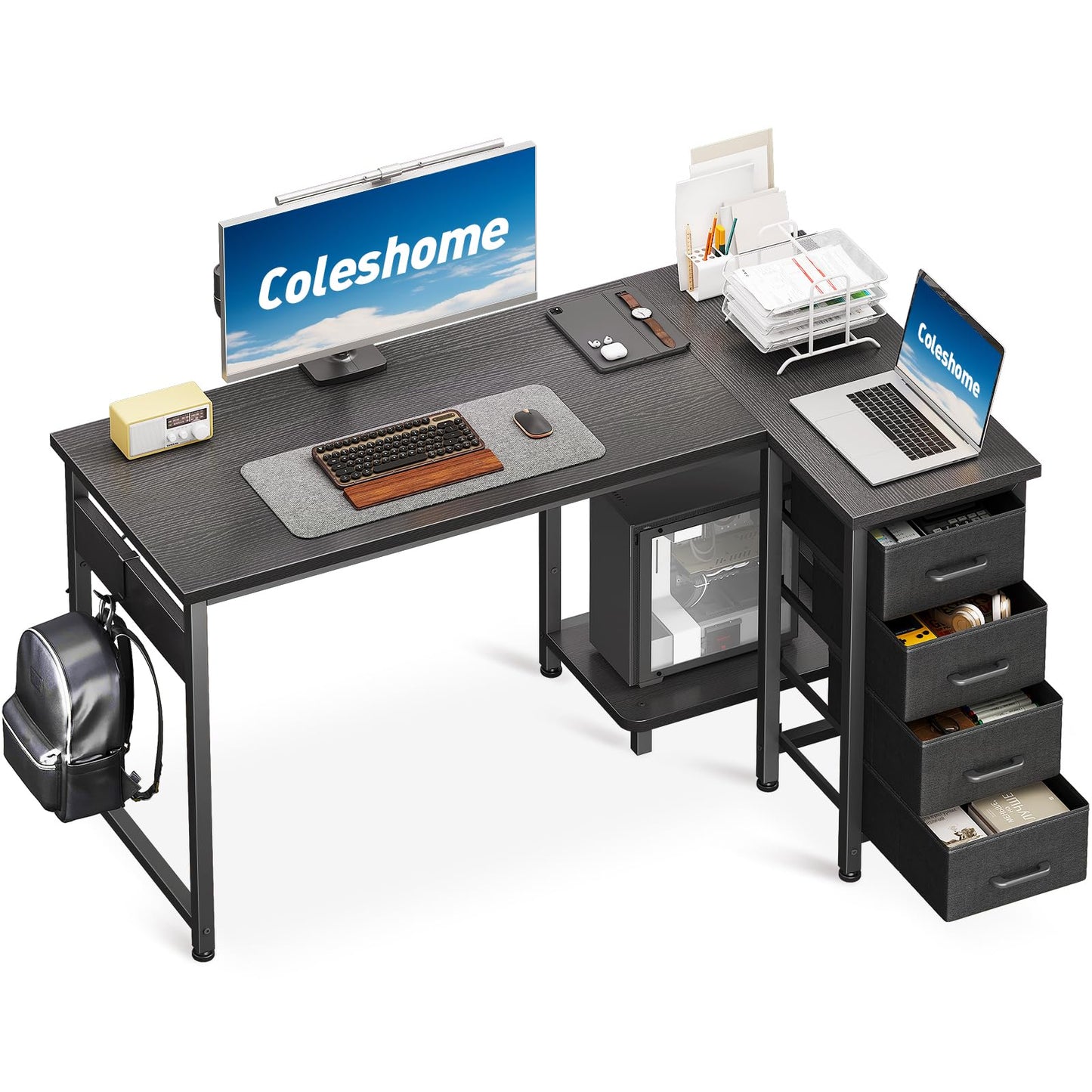 Coleshome Corner Desk, 100 x 70 cm, L Shape Desk with 4 Drawers, Reversible Computer Desk for Office, Study, Bedroom, White