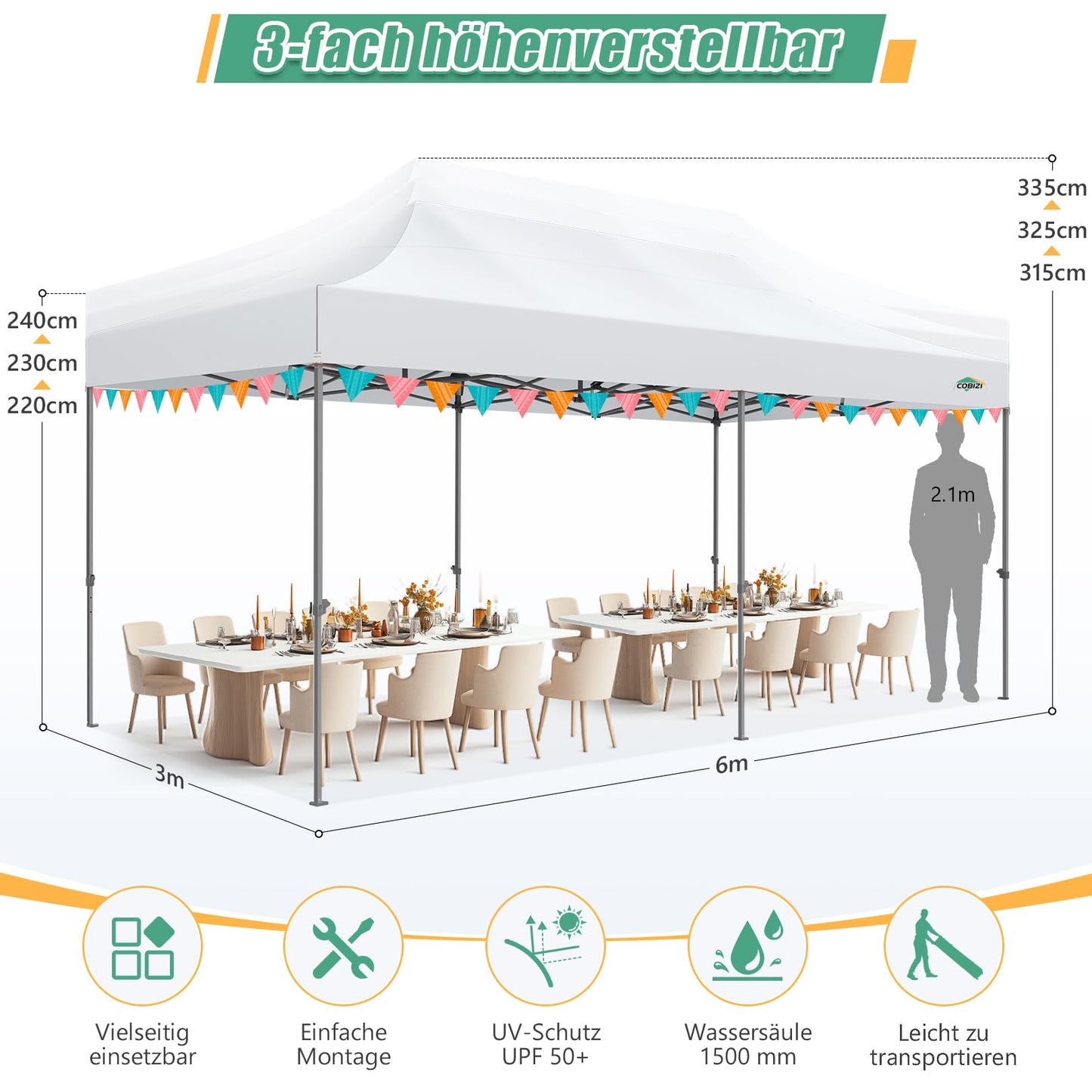 COBIZI Pavillon Faltpavillon 3x3 wasserdicht stabil Winterfest,Outdoor faltbar partyzelt，gartenpavillon mit 4 Seitenteilen und 4 Sandsack und Laufradtasche, Schwarz