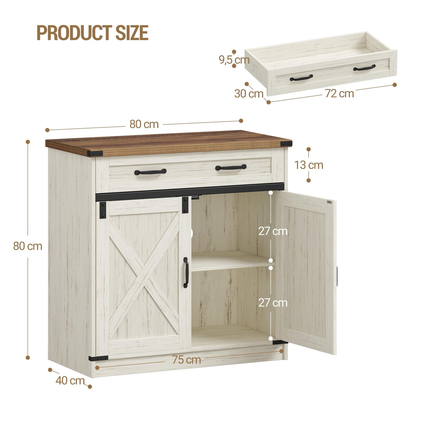 Hzuaneri SC94814X Kitchen Cabinet, Sideboard with 1 Drawer, Storage Cabinet with 2 Doors, Adjustable Shelves, Country House Style, Kitchen, Living Room, 40 x 140 x 80 cm, Vintage Brown/White