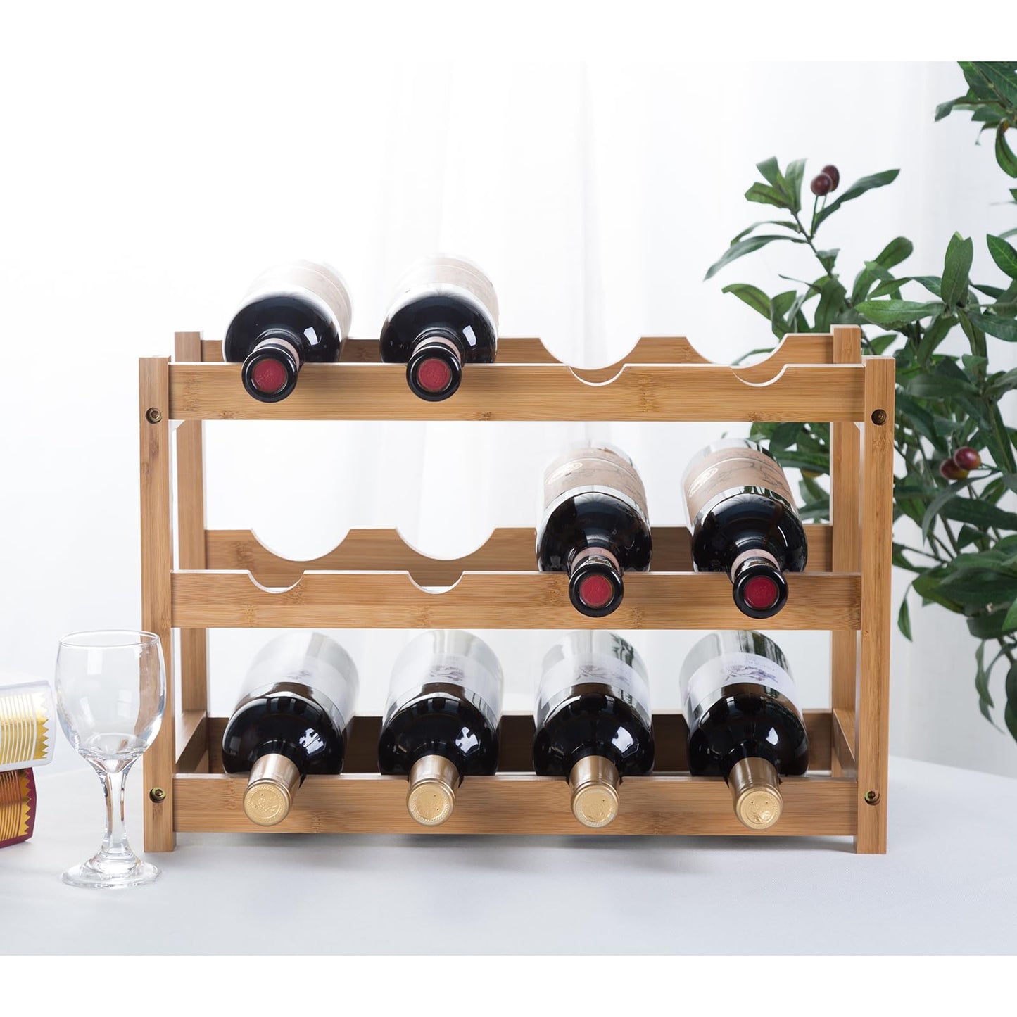 Wine Rack, Small Bottle Rack Storage Holder, Natural Bamboo Bottle Holder, Wine Bottle Shelf for Kitchen, Countertop, Cellar, Bar, Cabinet (2 Tiers, 8 Bottles)