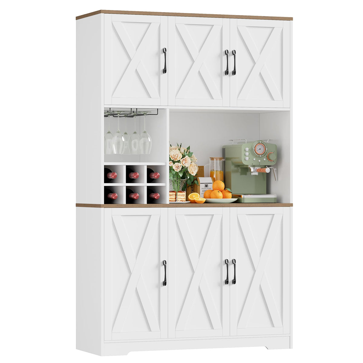 HOCSOK Kitchen Cabinet 106 x 180 cm (W x H), Buffet Cabinet, White, Sideboard with 6 Doors, Removable Bottle Holder and Removable Glass Holder, Storage Cabinet for Kitchen, Living Room, Dining Room