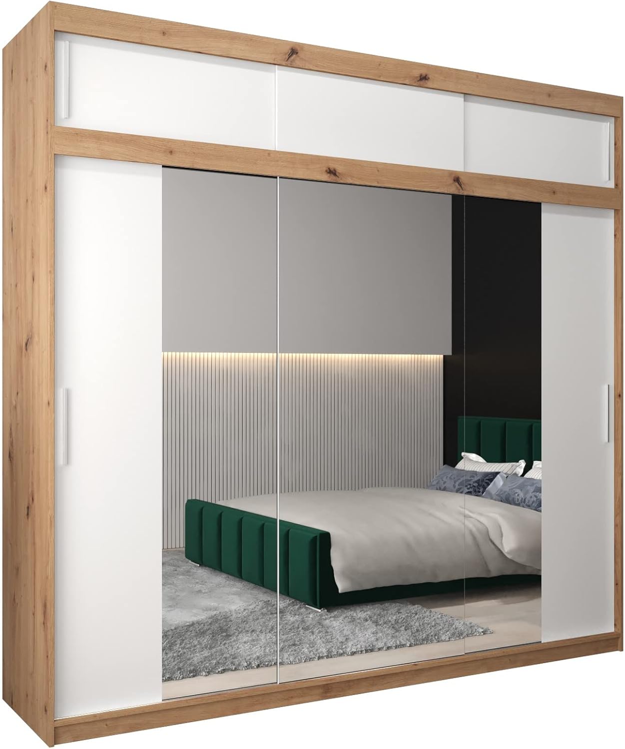 MEBLE KRYSPOL Kleiderschrank mit Spiegel Tokyo 2 - Garderobenschrank - Schrank Schlafzimmer - Mehrzweckschrank DREI Schiebetüren - Regalen - Flur Möbel - Kleiderstange Schrank - Allzweckschrank