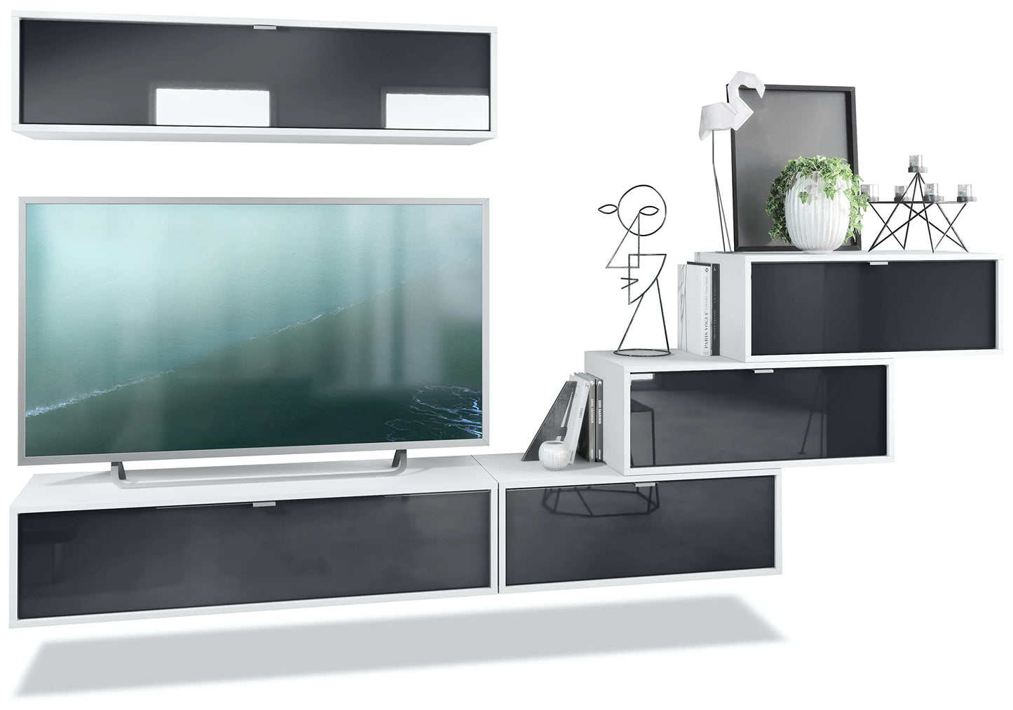 Vladon Lana V1 Wall Unit Made of 5 Hanging Elements with 12 Compartments, Made in Germany, Body in Matte White, Fronts in Bordeaux High Gloss, Large Choice of Colours