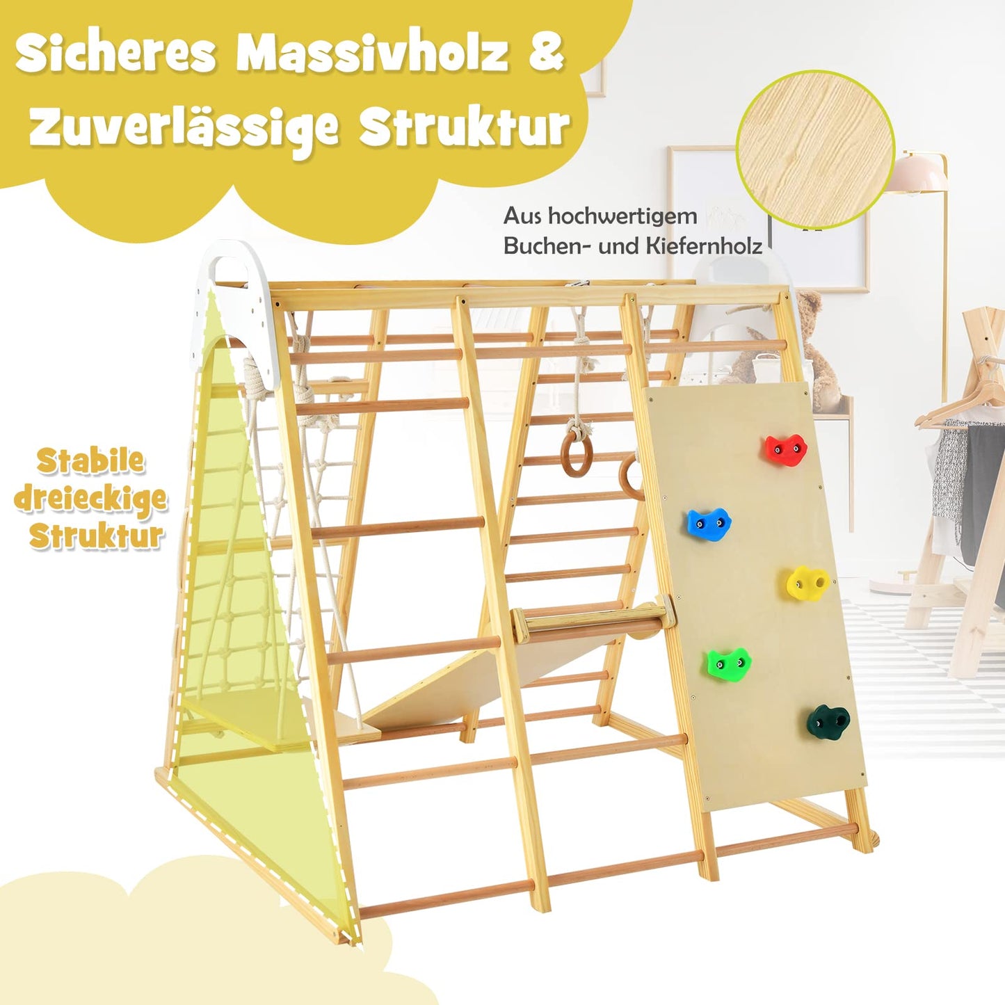 DREAMADE 8 in 1 Climbing Triangle Climbing Toy with Swing Ladder Slide Climbing Net Gym Rings Playground Indoor Wooden Climbing Frame for Sliding & Climbing for Children from 3 Years (Natural)