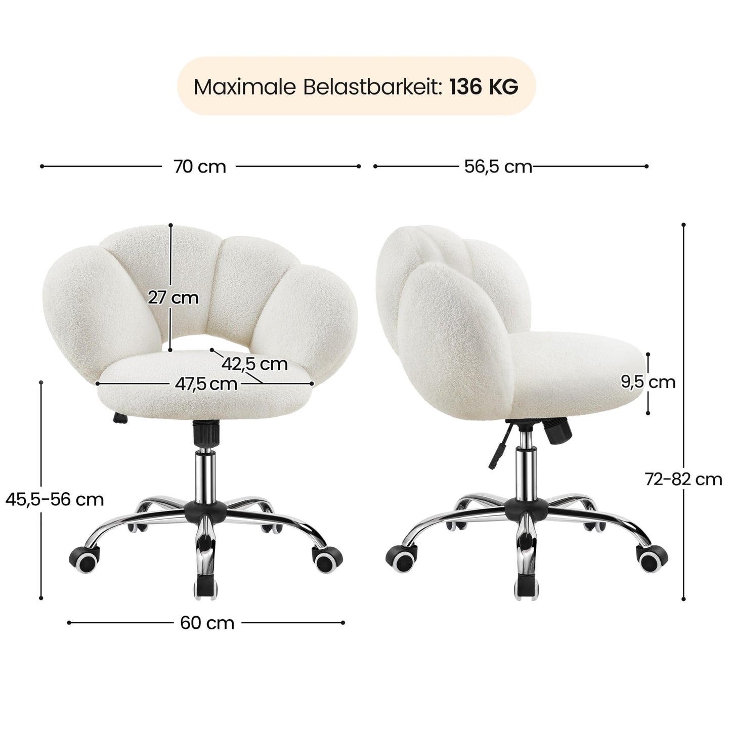 Yaheetech Desk Chair, Office Chair, Ergonomic Office Chair in Cloud Shape, Dressing Table Chair, Maximum Load 136 kg, Computer Chair, Height Adjustable, for Bedroom, Office, Living Room, White
