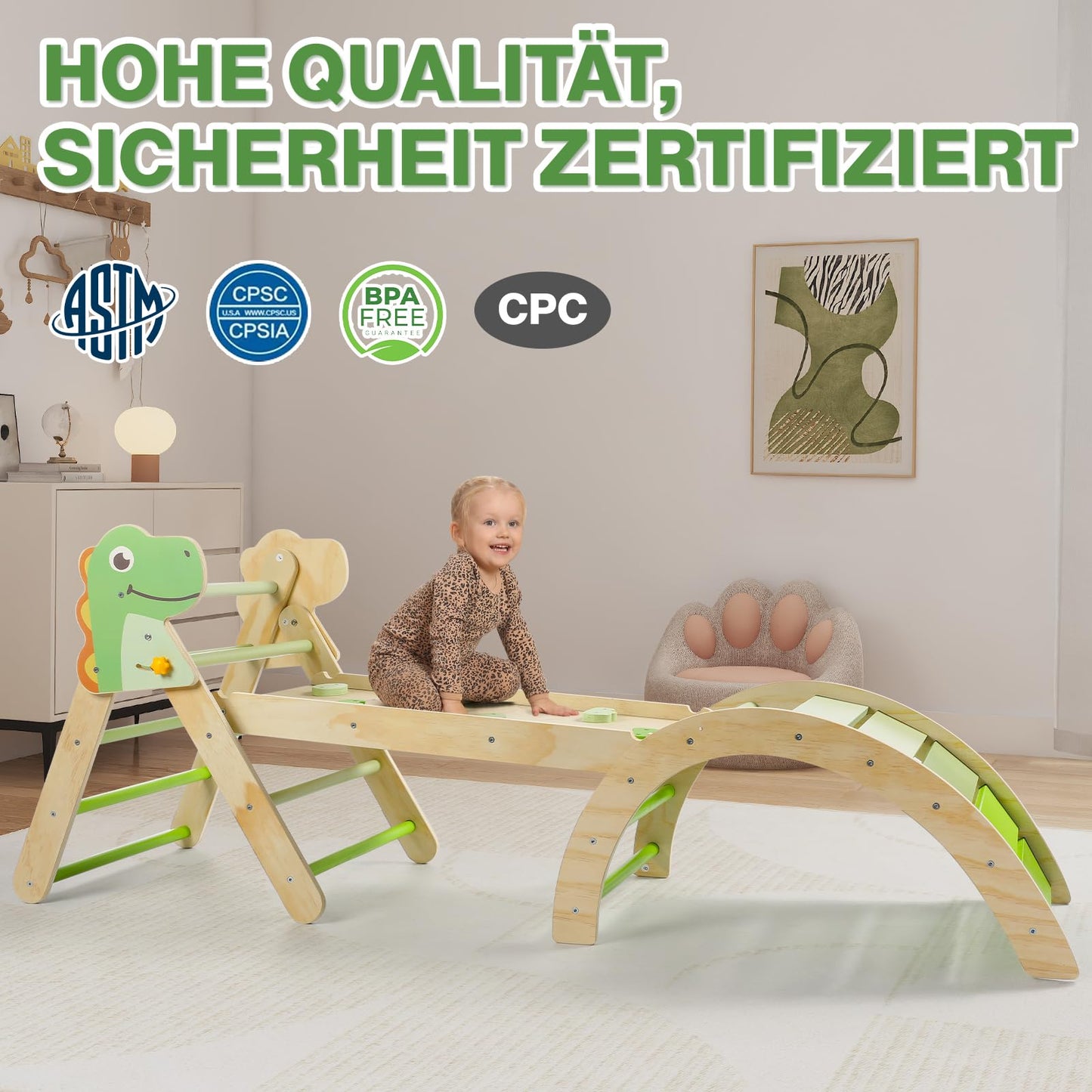7-in-1 Montessori Kletterdreieck Set mit Rutsche, Kletterbogen & weichem Kissen – Holz Klettergerüst für Babys & Kleinkinder ab 1–3 Jahre, Indoor Spielgerät, faltbar & sicher (Dinosaur)