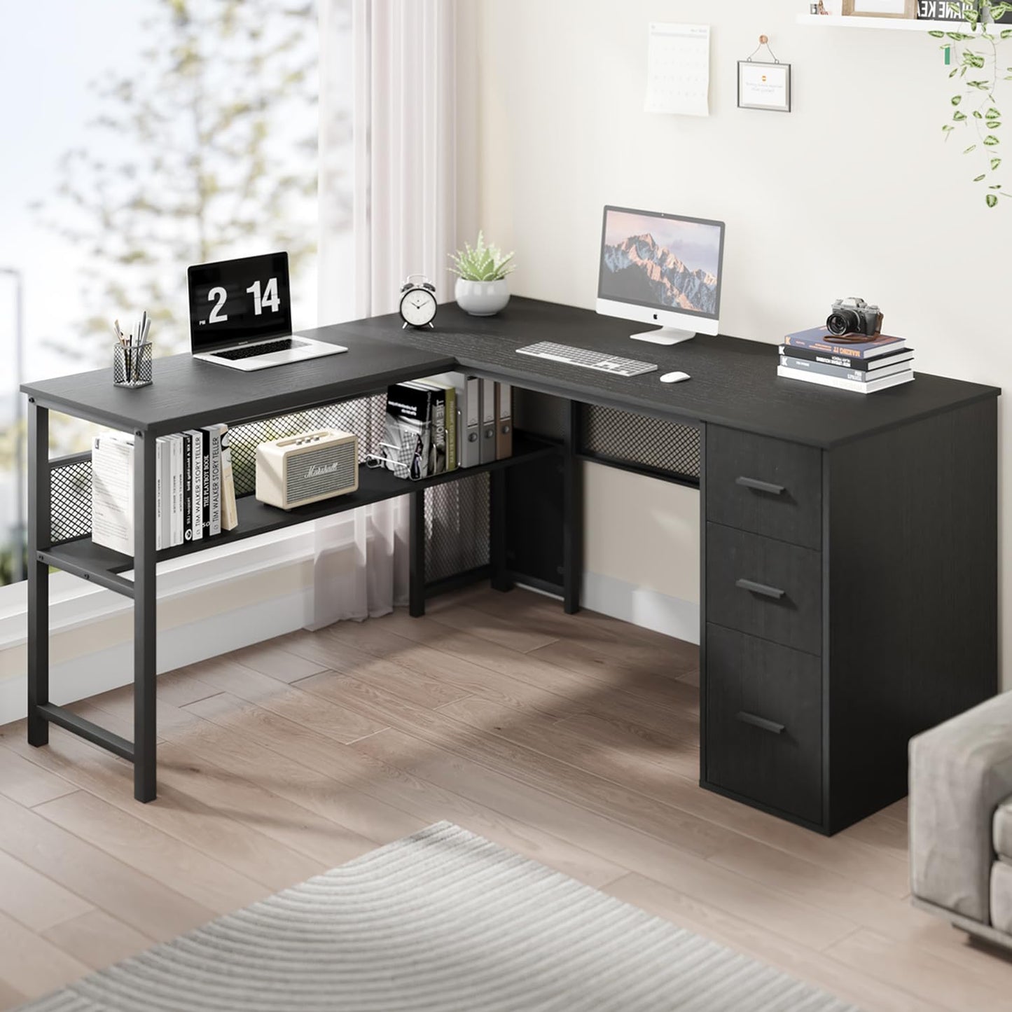 LVB White L Shaped Corner Desk with Drawers, Reversible Modern L Shaped Computer Desk with Storage Cabinets, Large L Shaped Wooden L Shaped Desk Metal L Shape